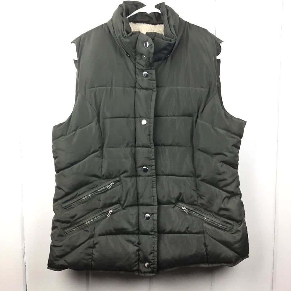 Ci Sono Green Puffer Olive Green Sherpa Lined Zip Vest, Size XL